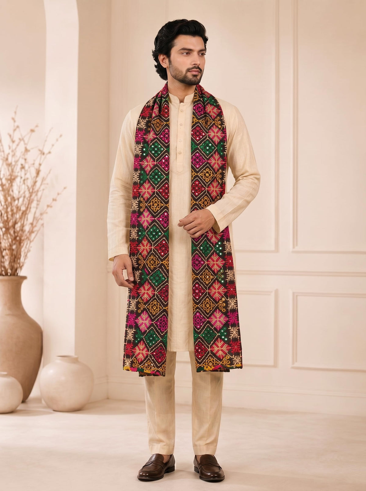 Pure Cotton Embroidered Phulkari Dupatta for Men | Black