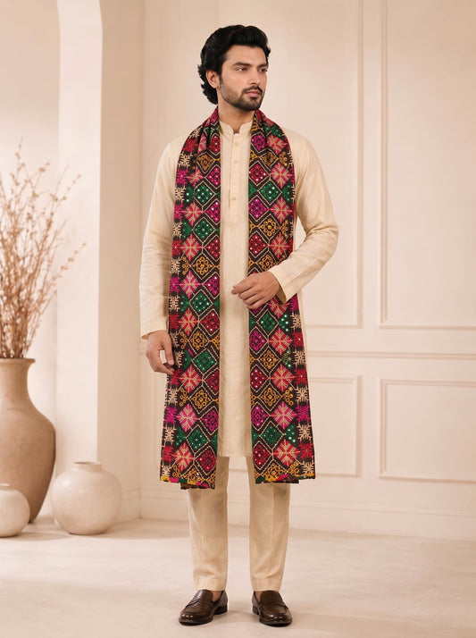 Pure Cotton Embroidered Phulkari Dupatta for Men | Black