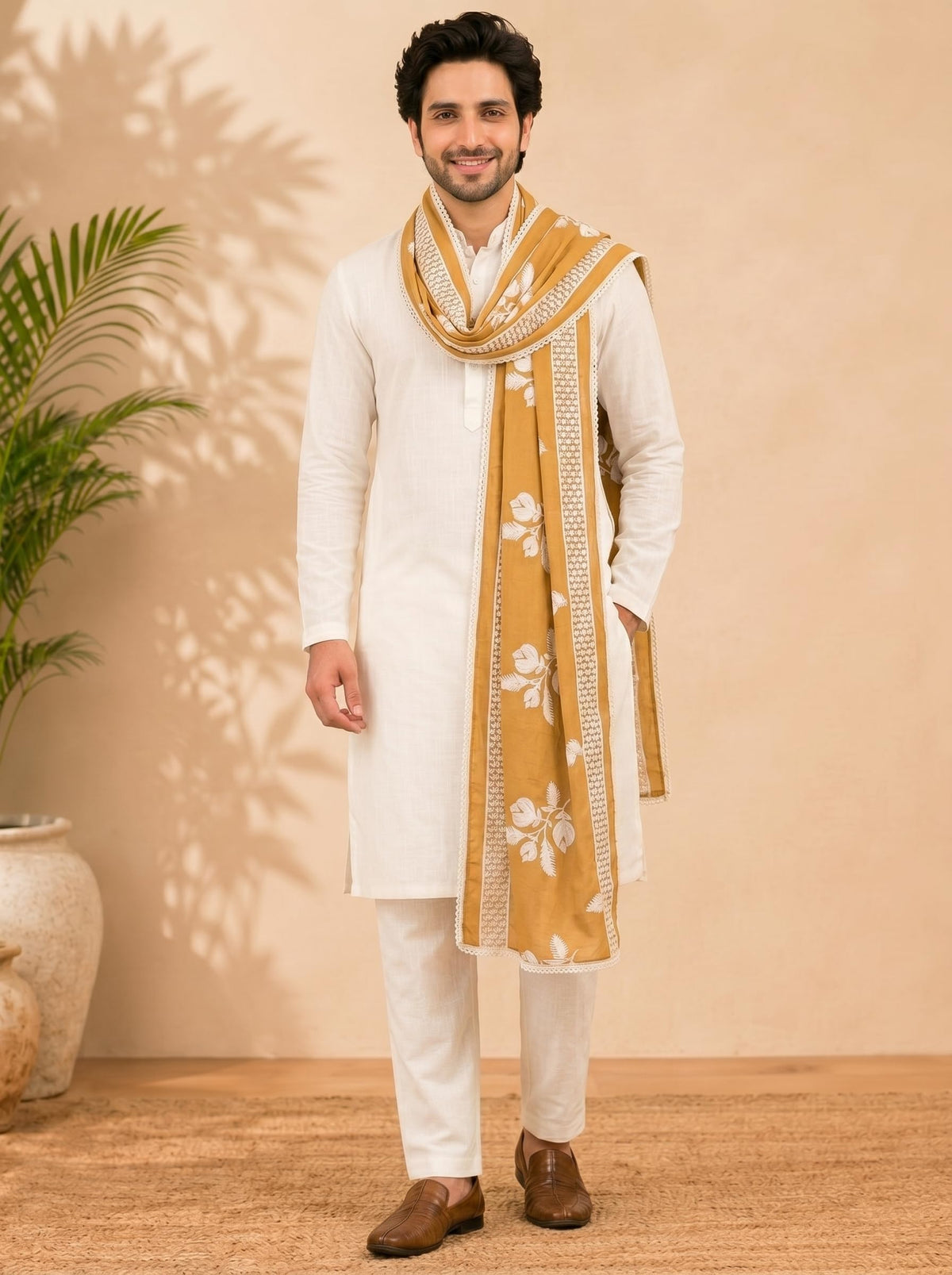 Pure Cotton Floral Embroidered Dupatta for Men | Sand Beige - view 4