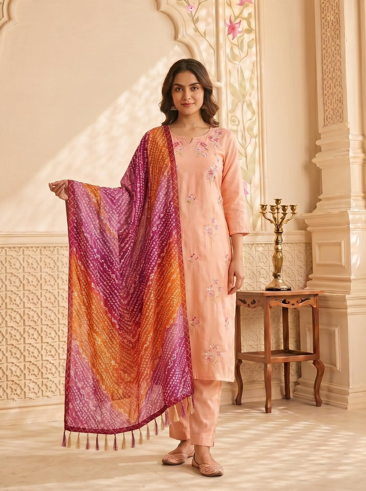 Chinnon Bandhani Dupatta for Women | Pink Orange