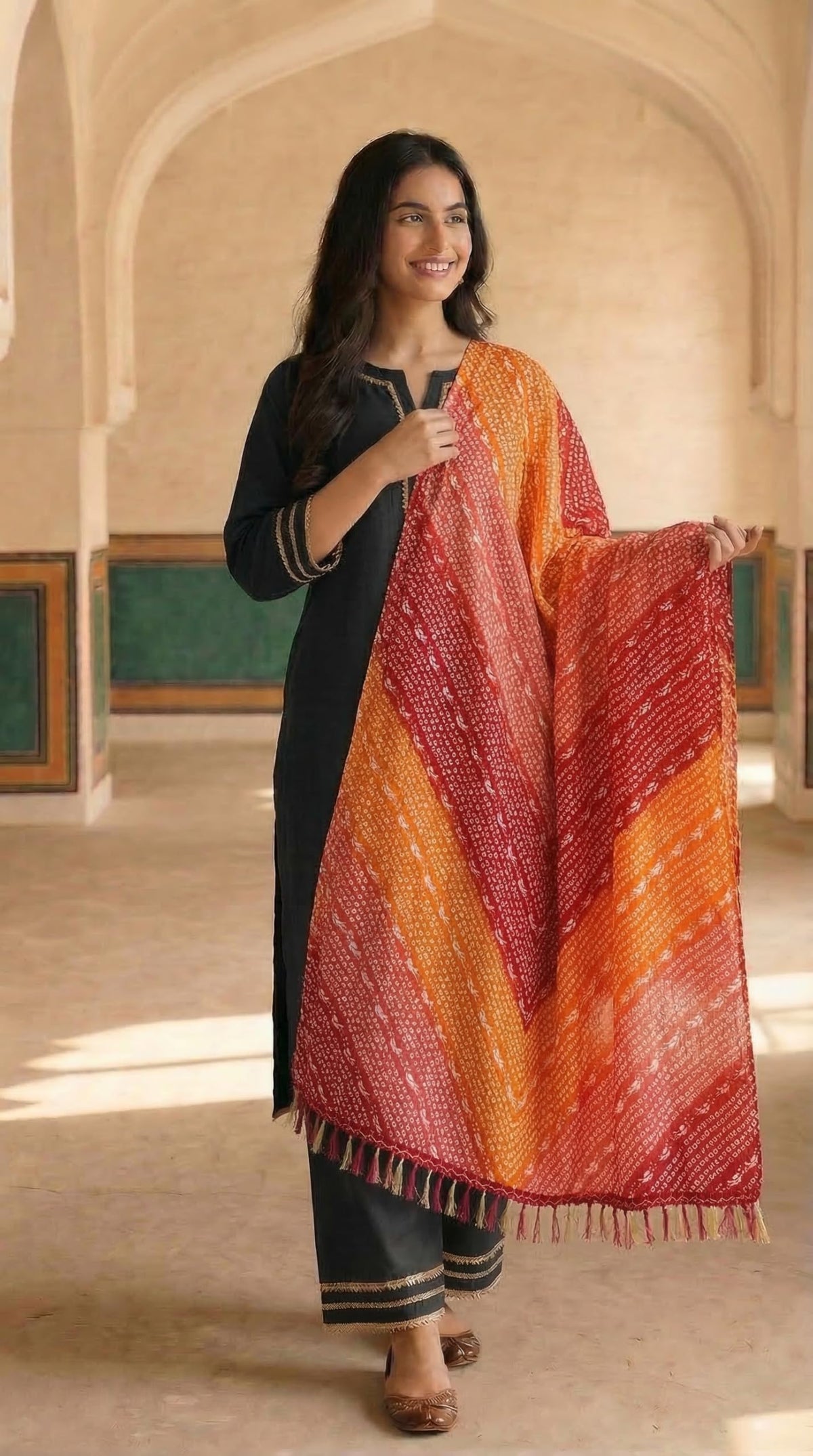 Chinnon Bandhani Dupatta for Women | Red Orange