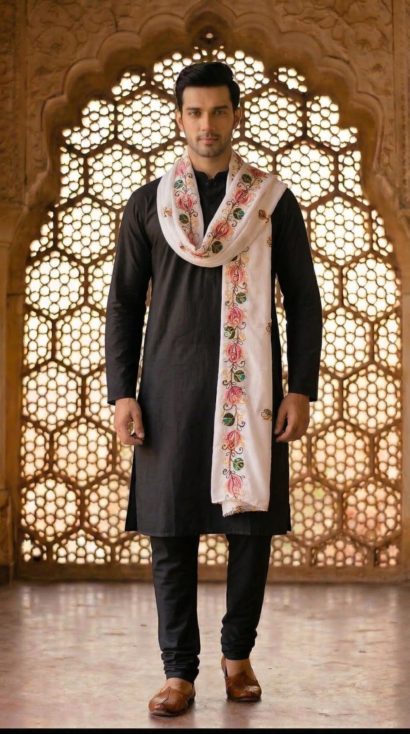 Rayon Floral Embroidery Dupatta for Men | White - view 2