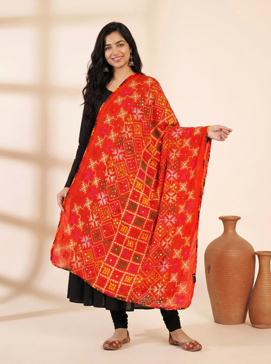 Pure Cotton Phulkari Embroidered Dupatta for Women | Red