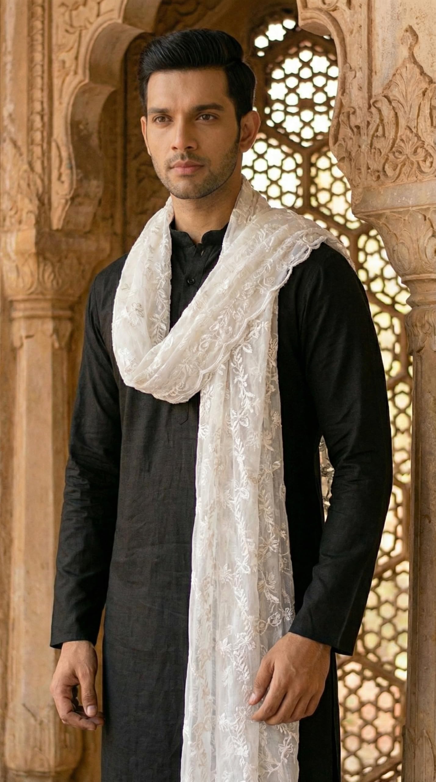 Net Dupatta for Men | White - view 4