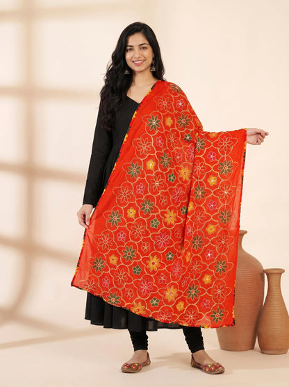 Pure Cotton Phulkari Embroidered Dupatta for Women | Red - view 2