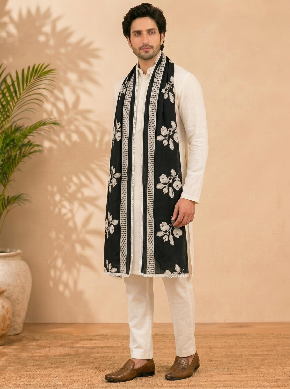 Pure Cotton Floral Embroidered Dupatta for Men | Black