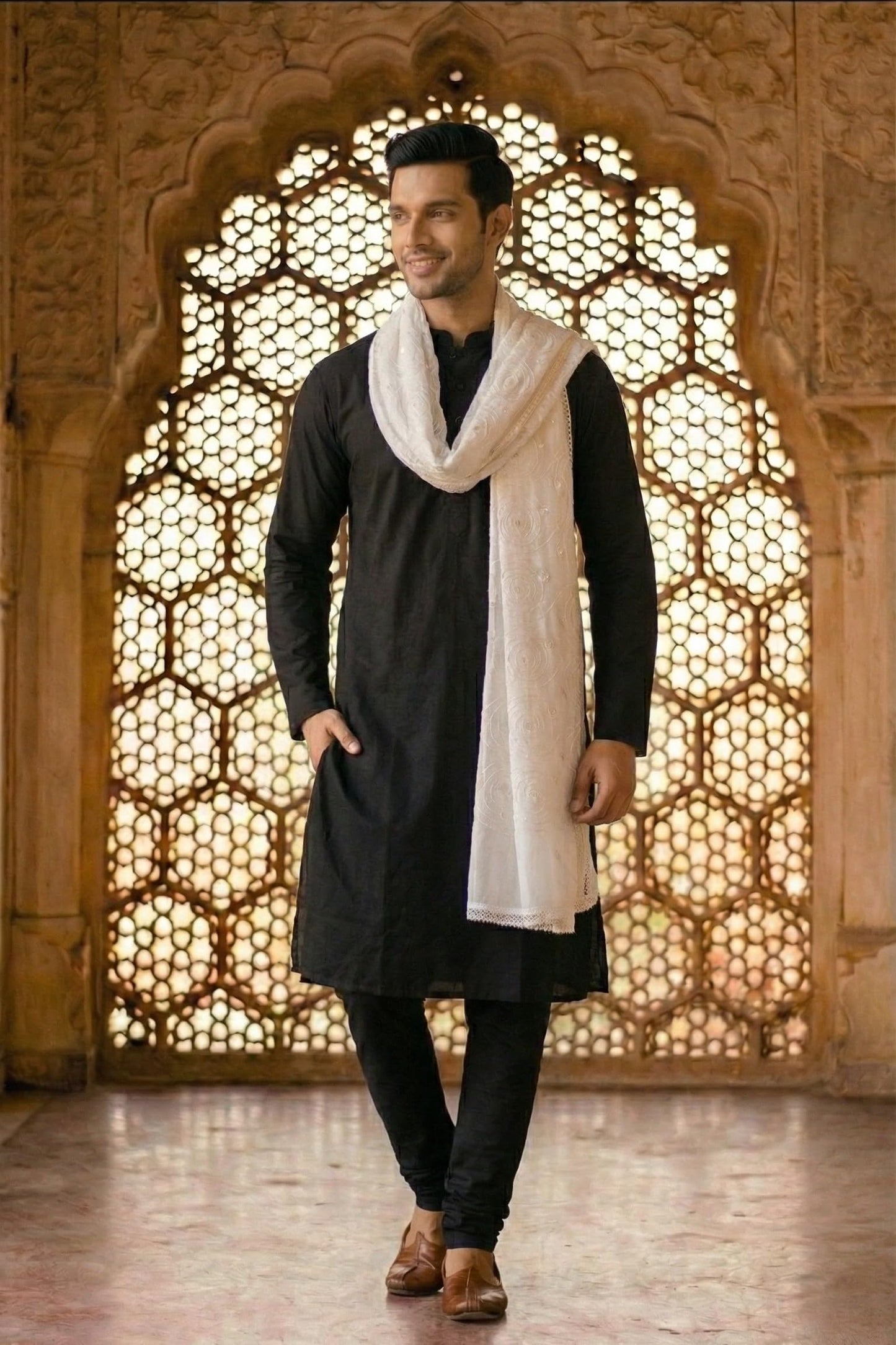Pure Cotton Ethnic Dupatta for Men | White - view 2