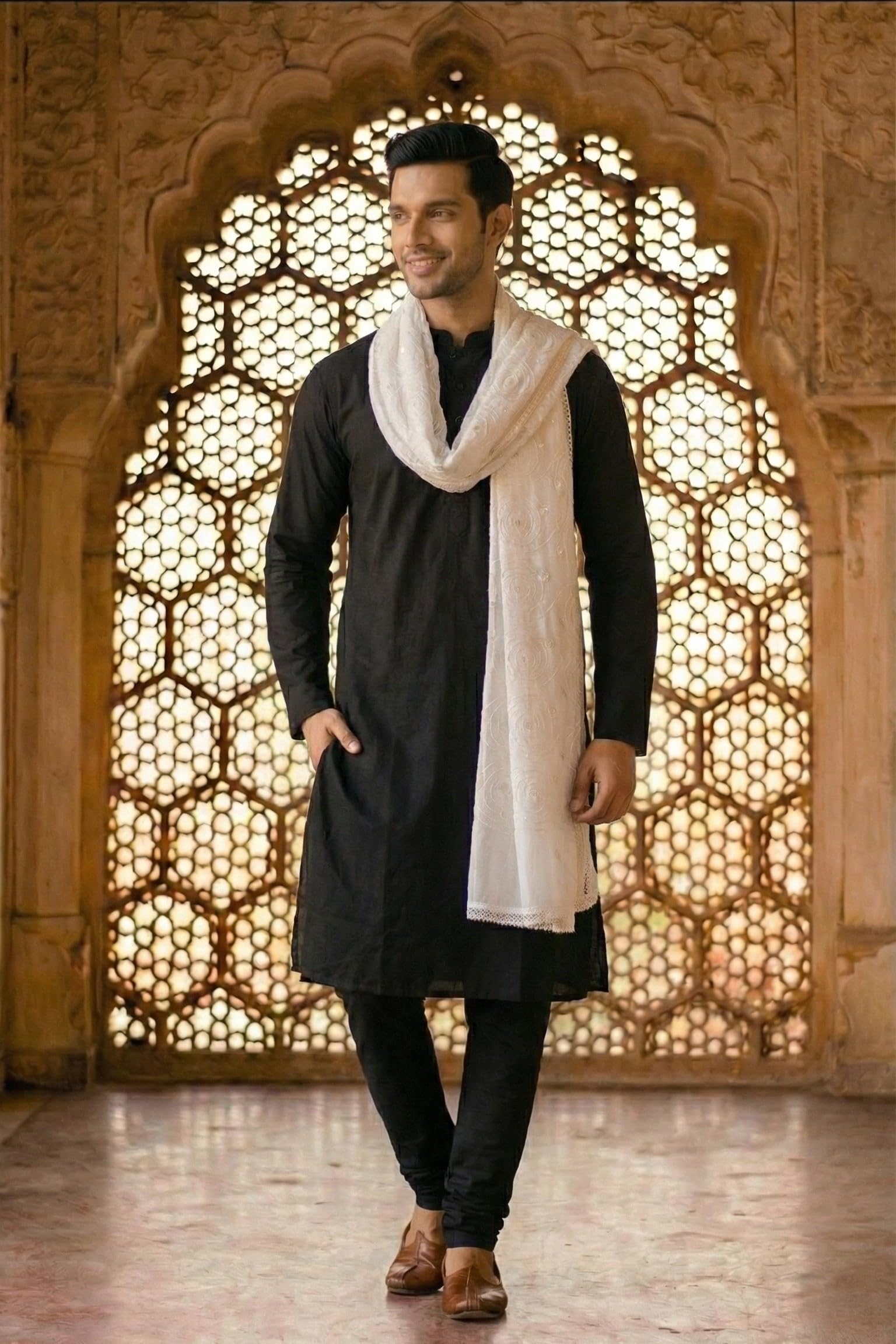 Pure Cotton Ethnic Dupatta for Men | White - view 2