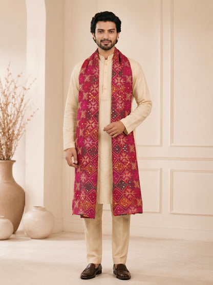 Pure Cotton Embroidered Phulkari Dupatta for Men | Pink