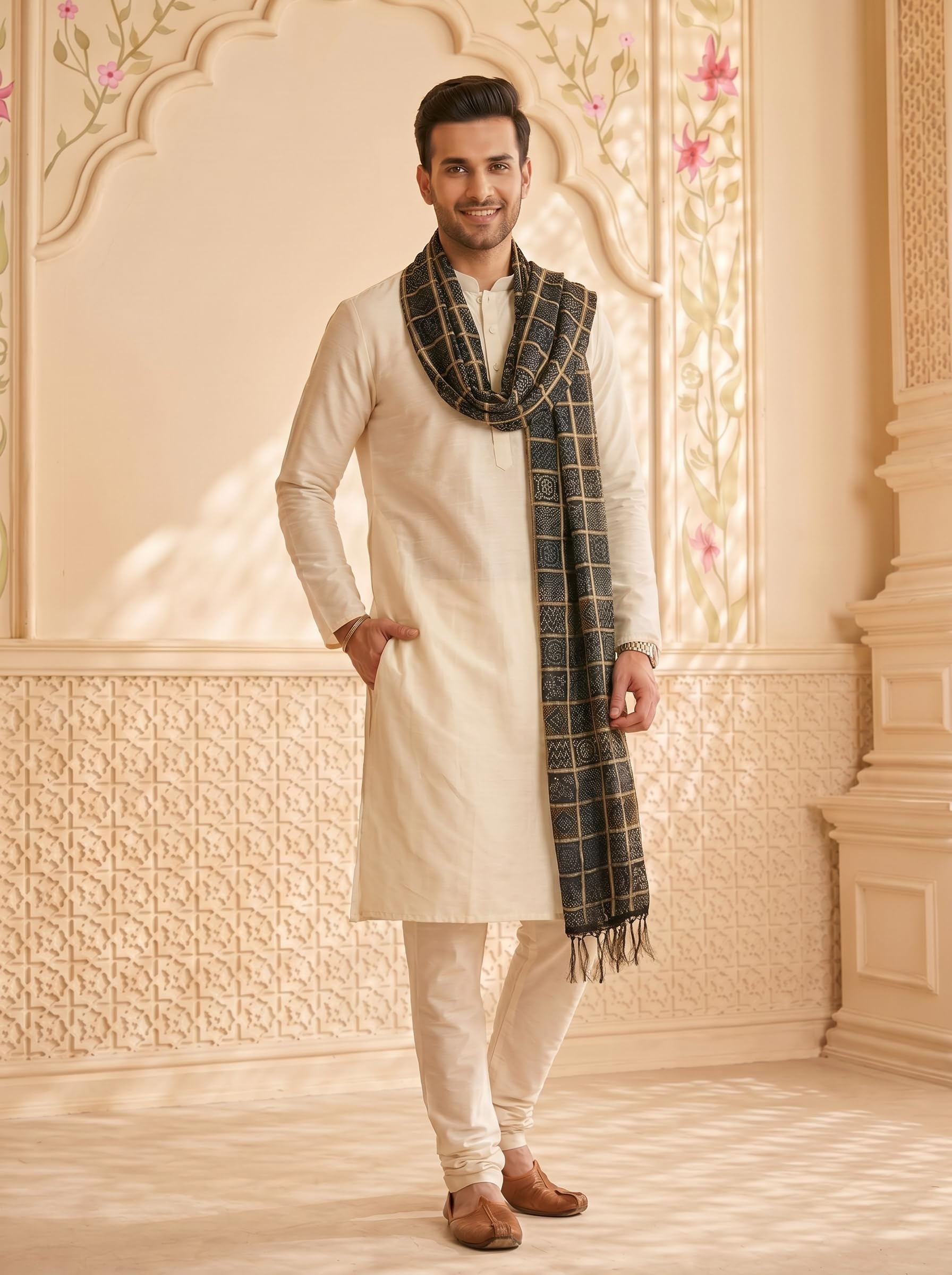 Chinnon Bandhani Dupatta for Men | Black - view 3