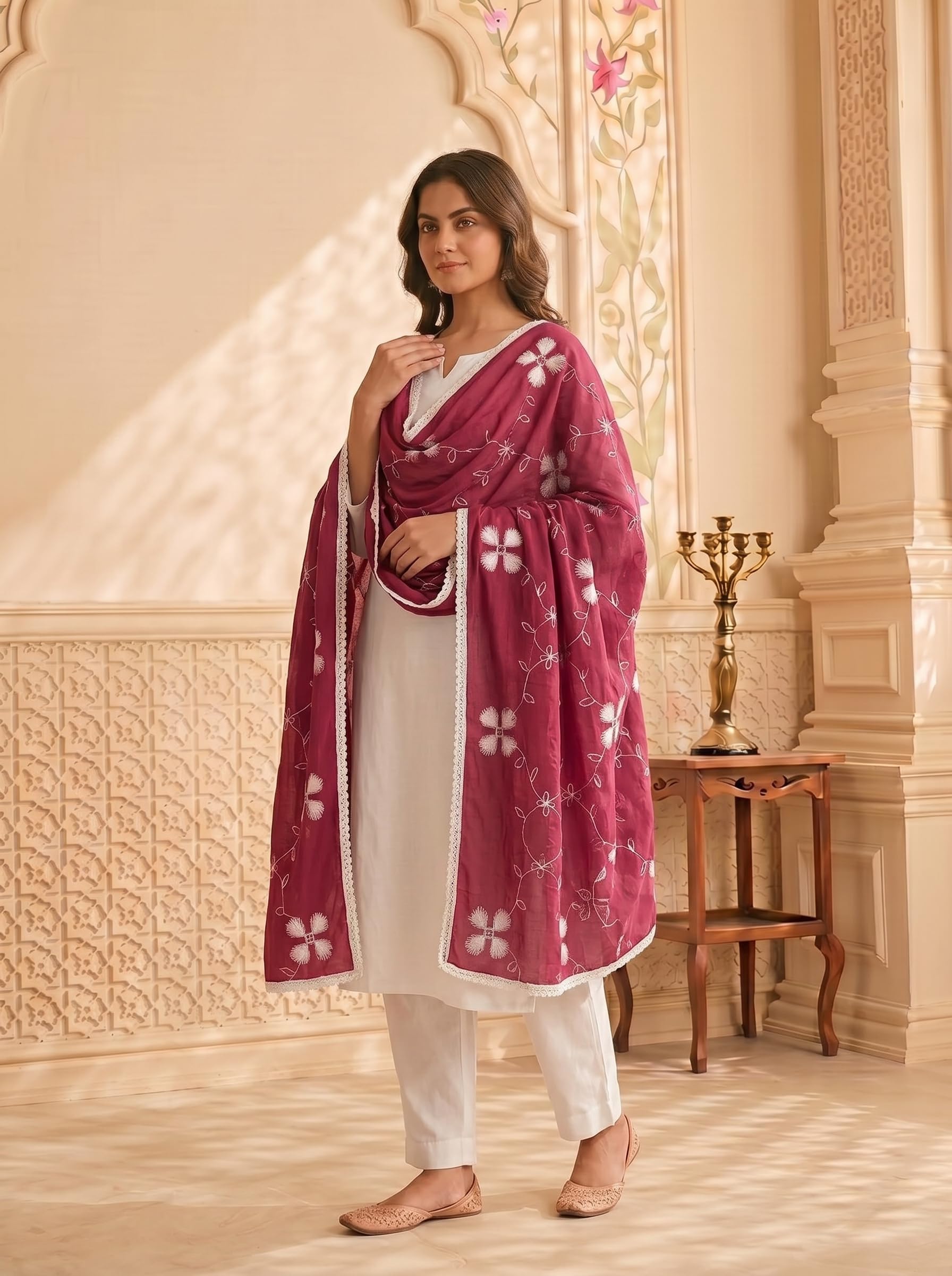 Pure Cotton Floral Embroidery Dupatta for Women | Pink - view 2
