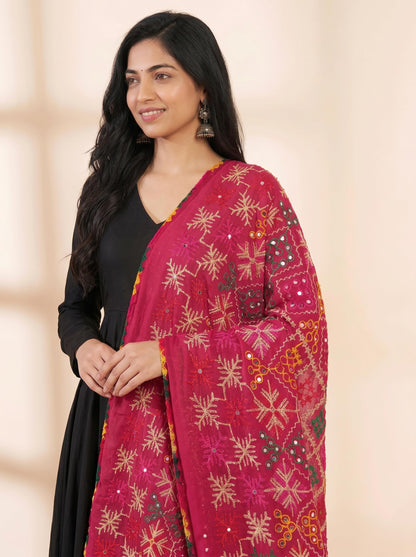 Pure Cotton Phulkari Embroidered Dupatta for Women | Pink - view 5