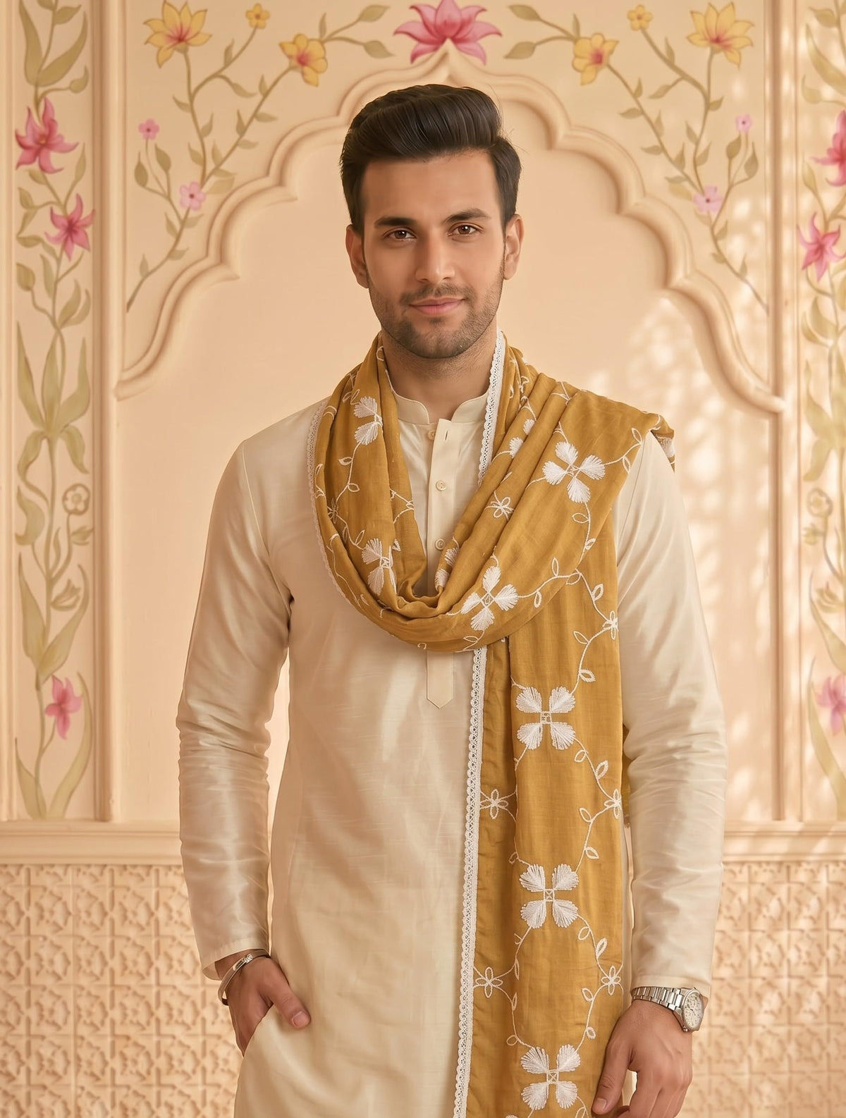 Pure Cotton Self Embroidery Dupatta for Men | Sand Beige - view 5