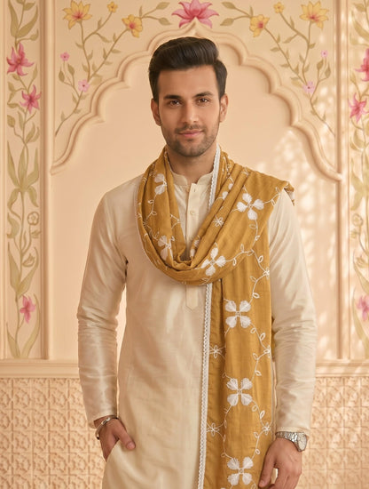 Pure Cotton Self Embroidery Dupatta for Men | Sand Beige - view 5