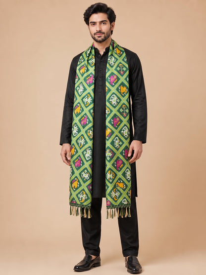 Printed Bandhani Dupatta for Men | Green