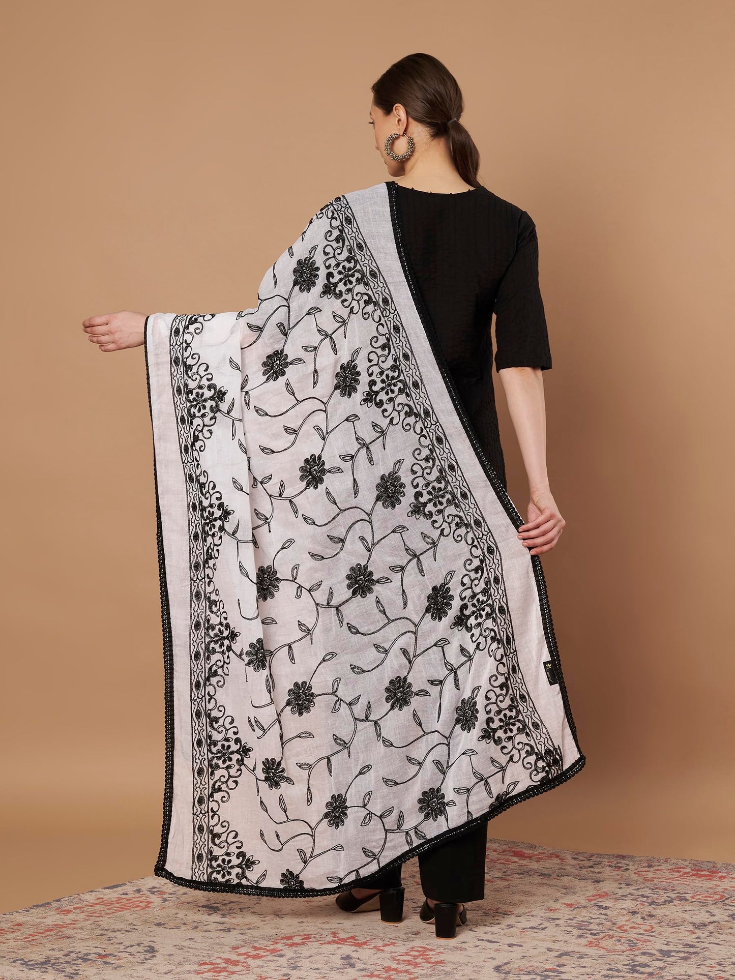 Pure Cotton Embroidery Floral Dupatta for Women | White
