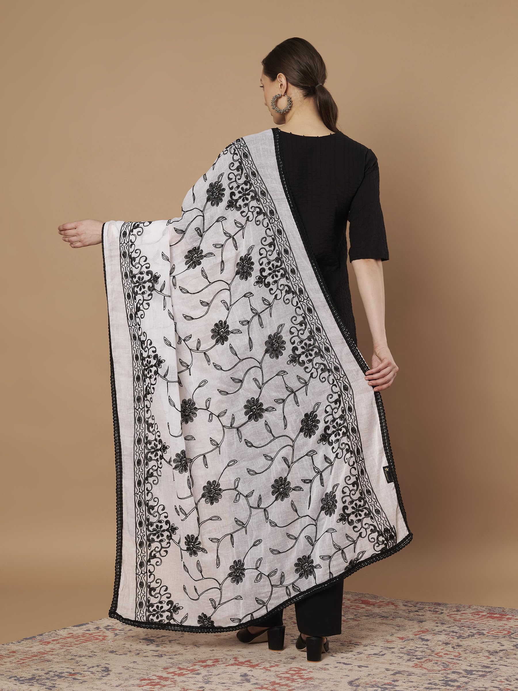 Pure Cotton Embroidery Floral Dupatta for Women | White
