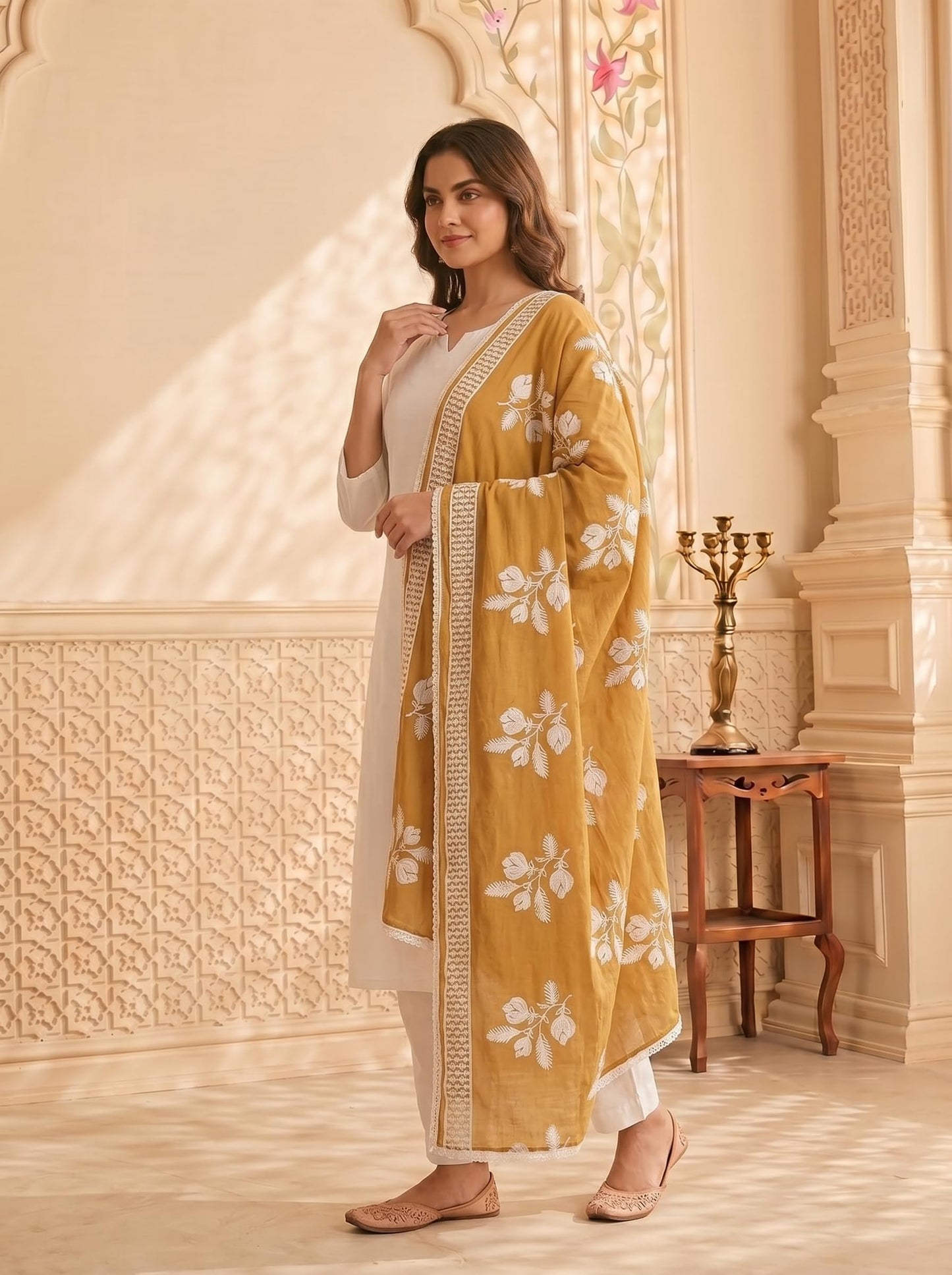 Pure Cotton Floral Embroidered Dupatta for Women | Sand Beige - view 4