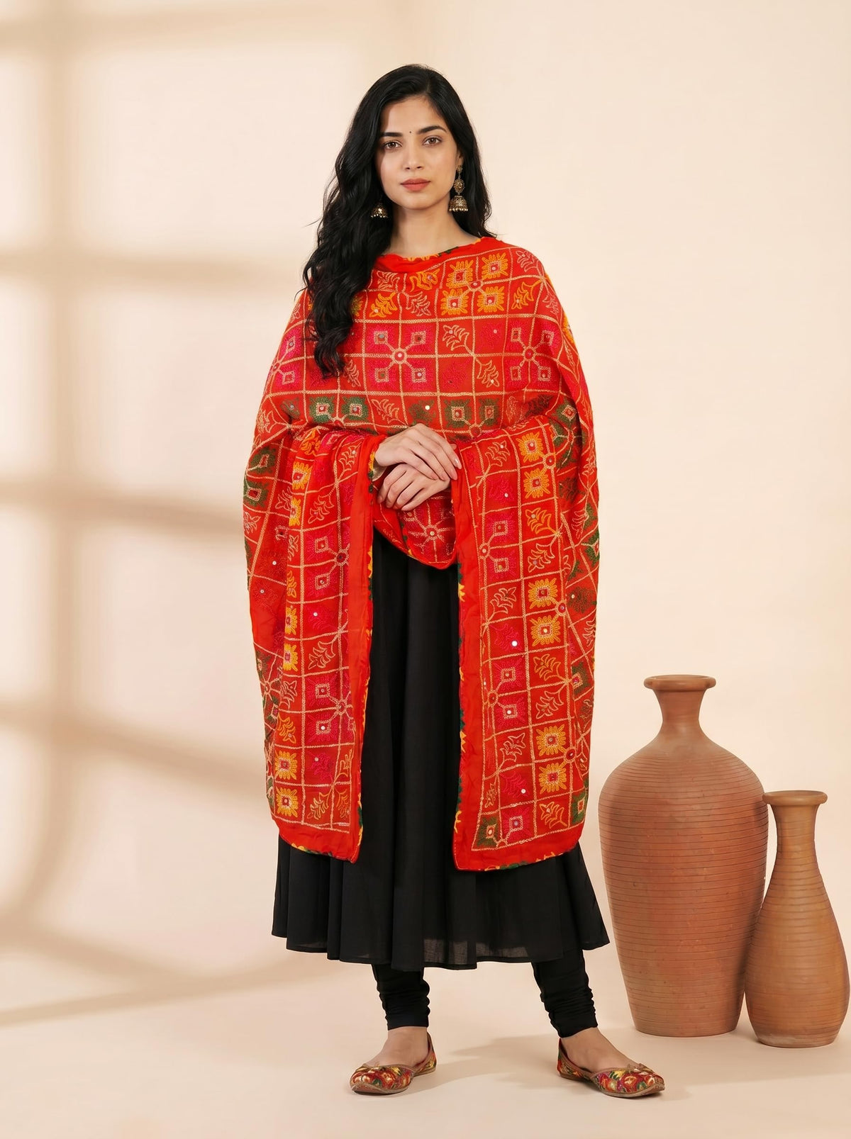 Pure Cotton Phulkari Embroidered Dupatta for Women | Red - view 2