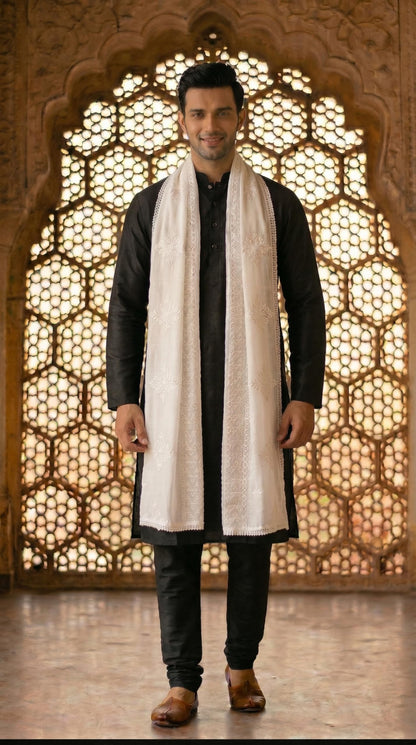 Pure Cotton Self Embroidery Dupatta for Men | White