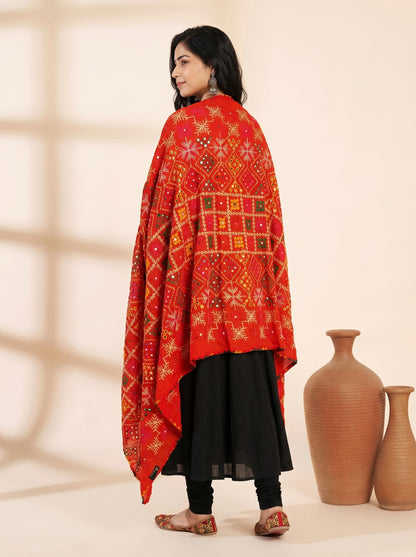 Pure Cotton Phulkari Embroidered Dupatta for Women | Red - view 3