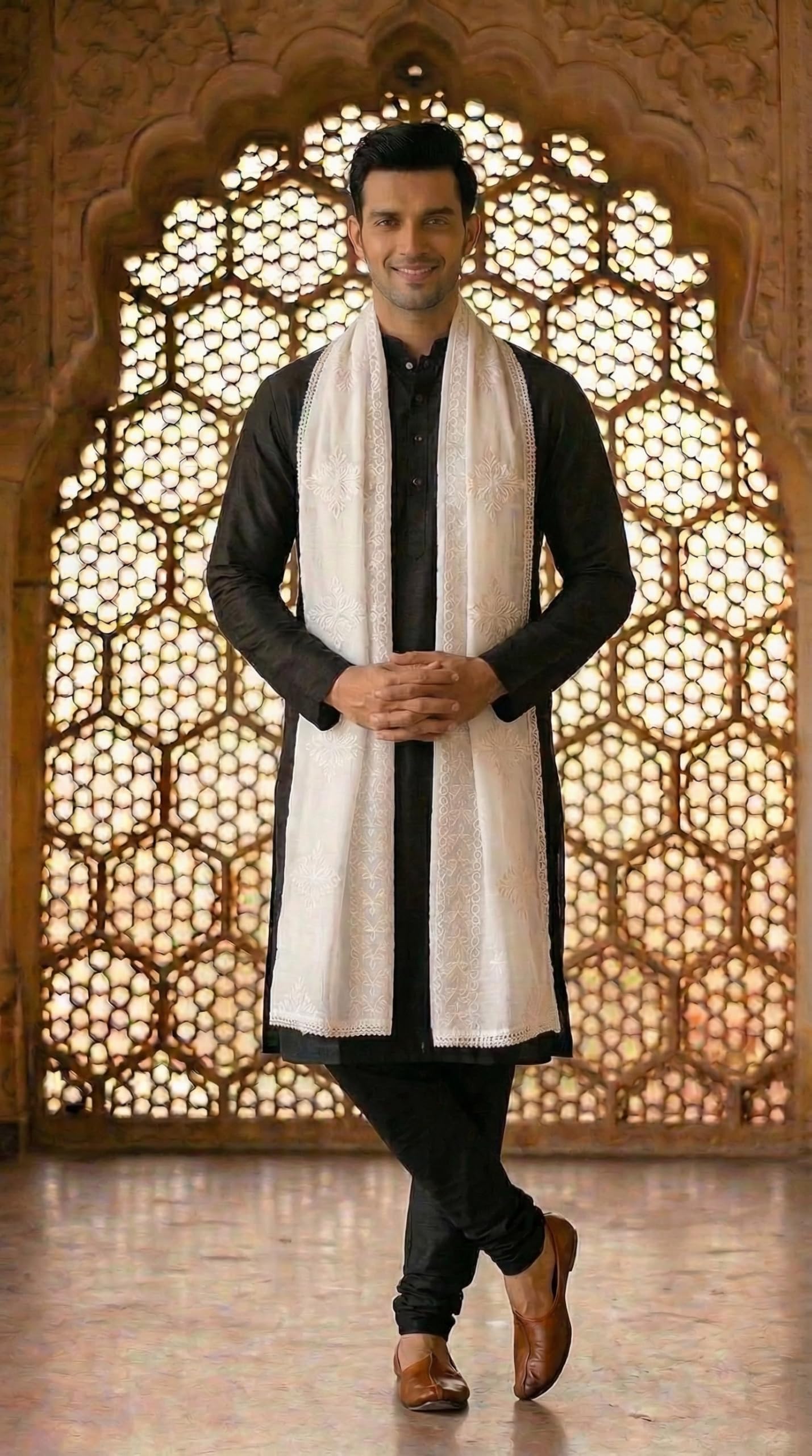 Pure Cotton Self Embroidery Dupatta for Men | White - view 2