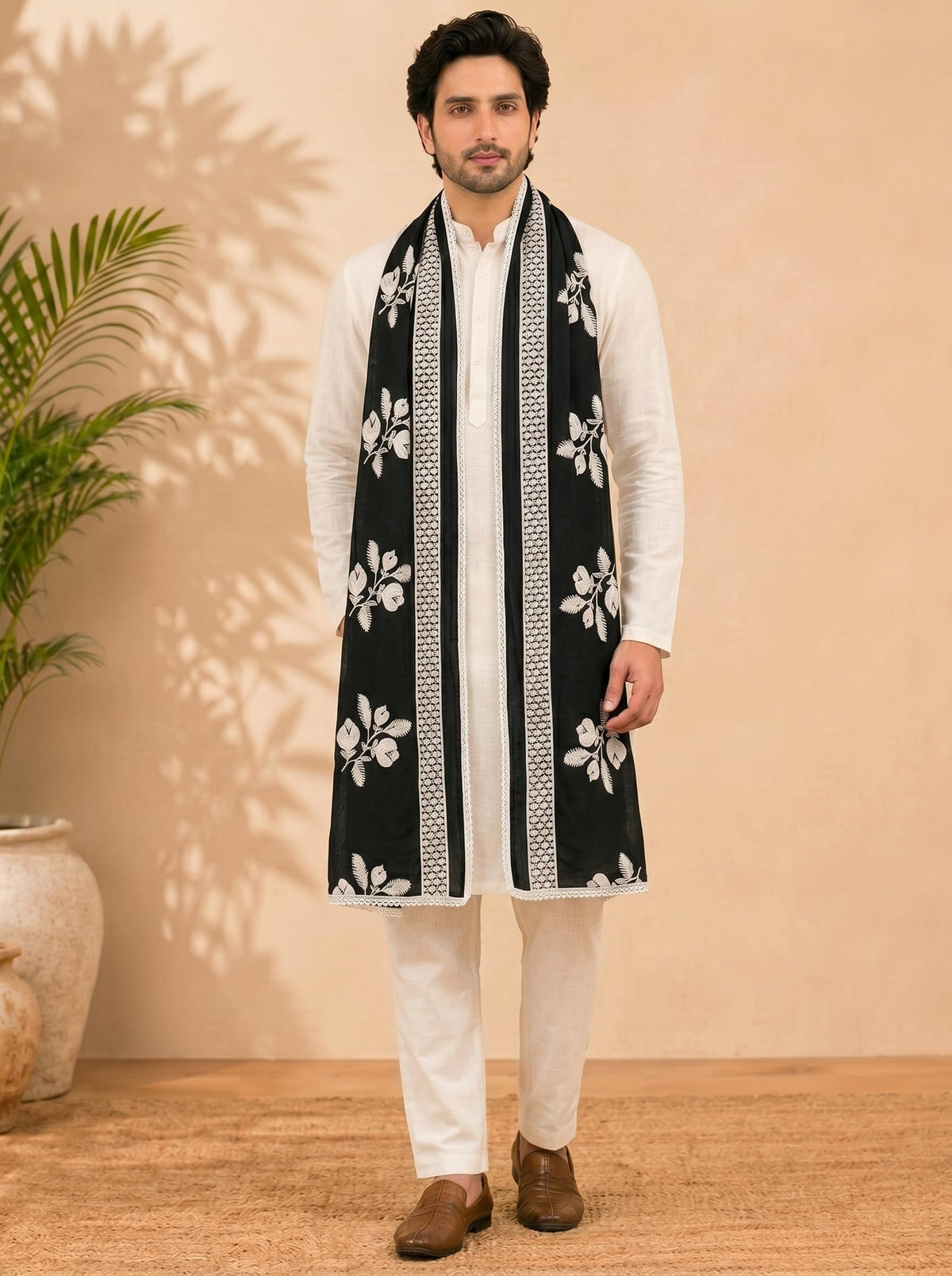 Pure Cotton Floral Embroidered Dupatta for Men | Black - view 3