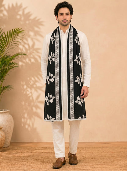 Pure Cotton Floral Embroidered Dupatta for Men | Black - view 3