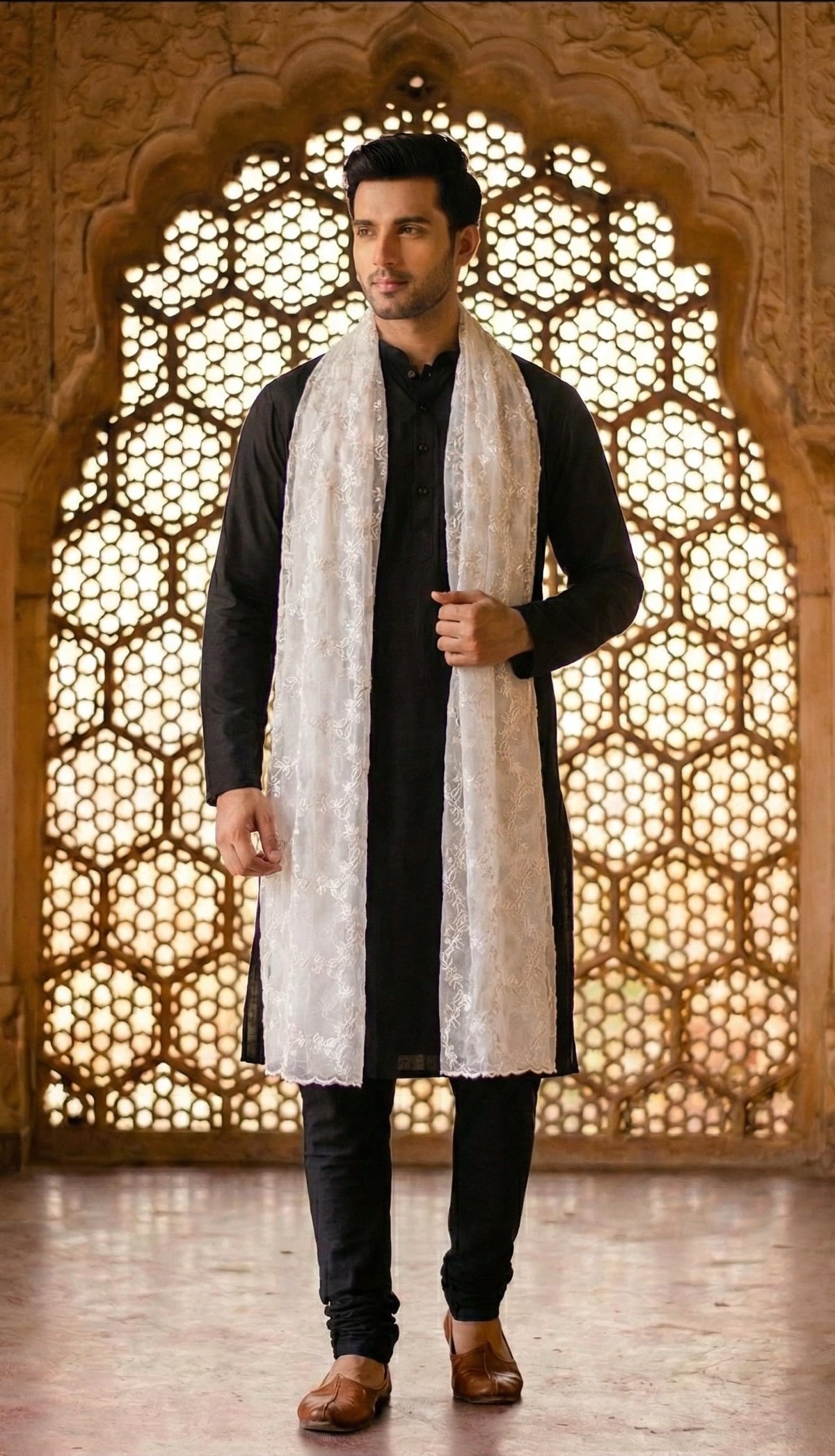 Net Dupatta for Men | White