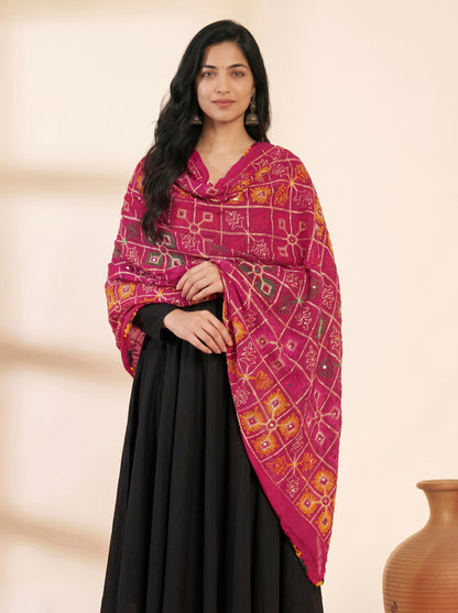 Pure Cotton Phulkari Embroidered Dupatta for Women | Pink - view 3