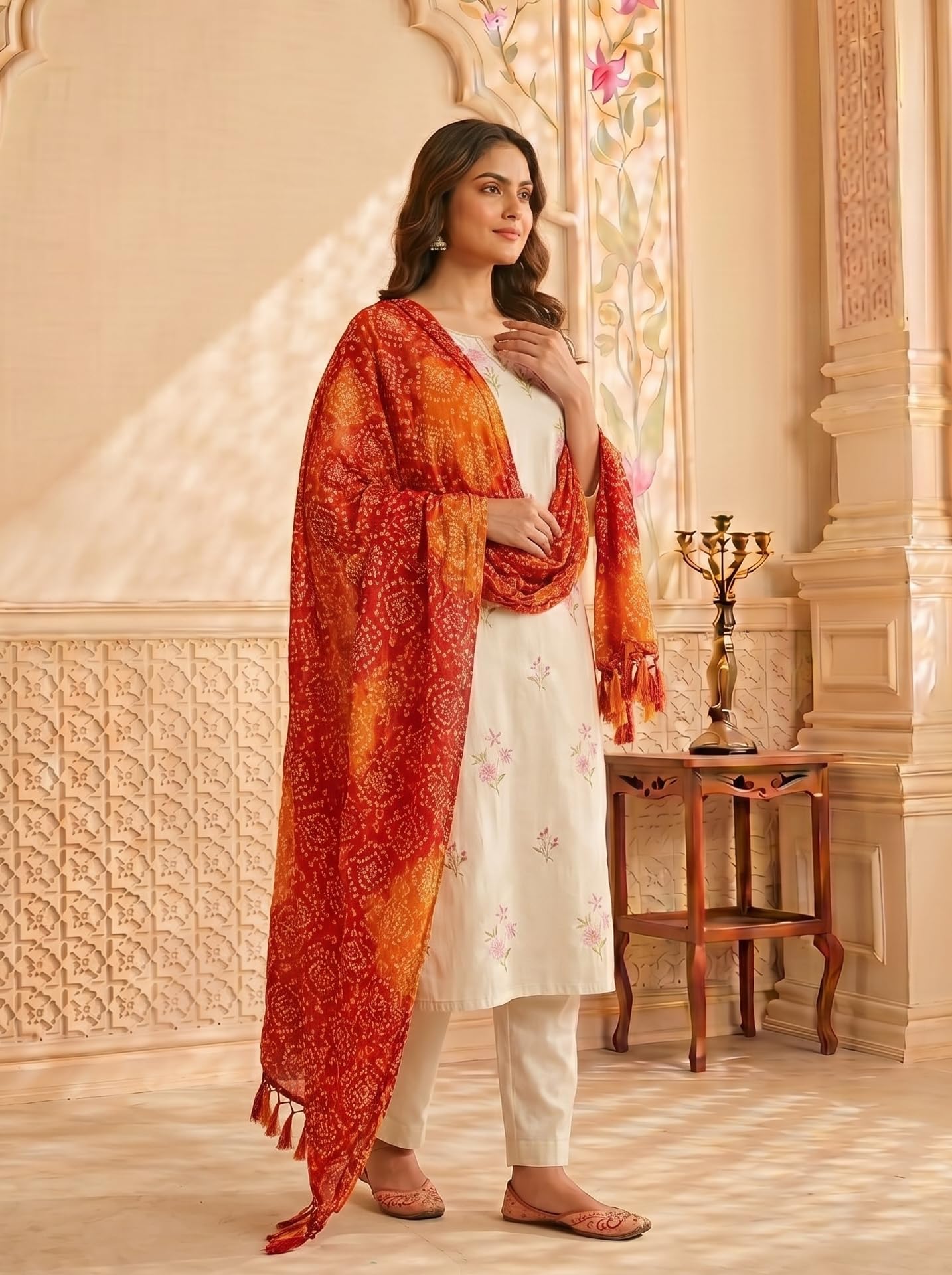 Chinnon Bandhani Dupatta for Women | Red Orange - view 3