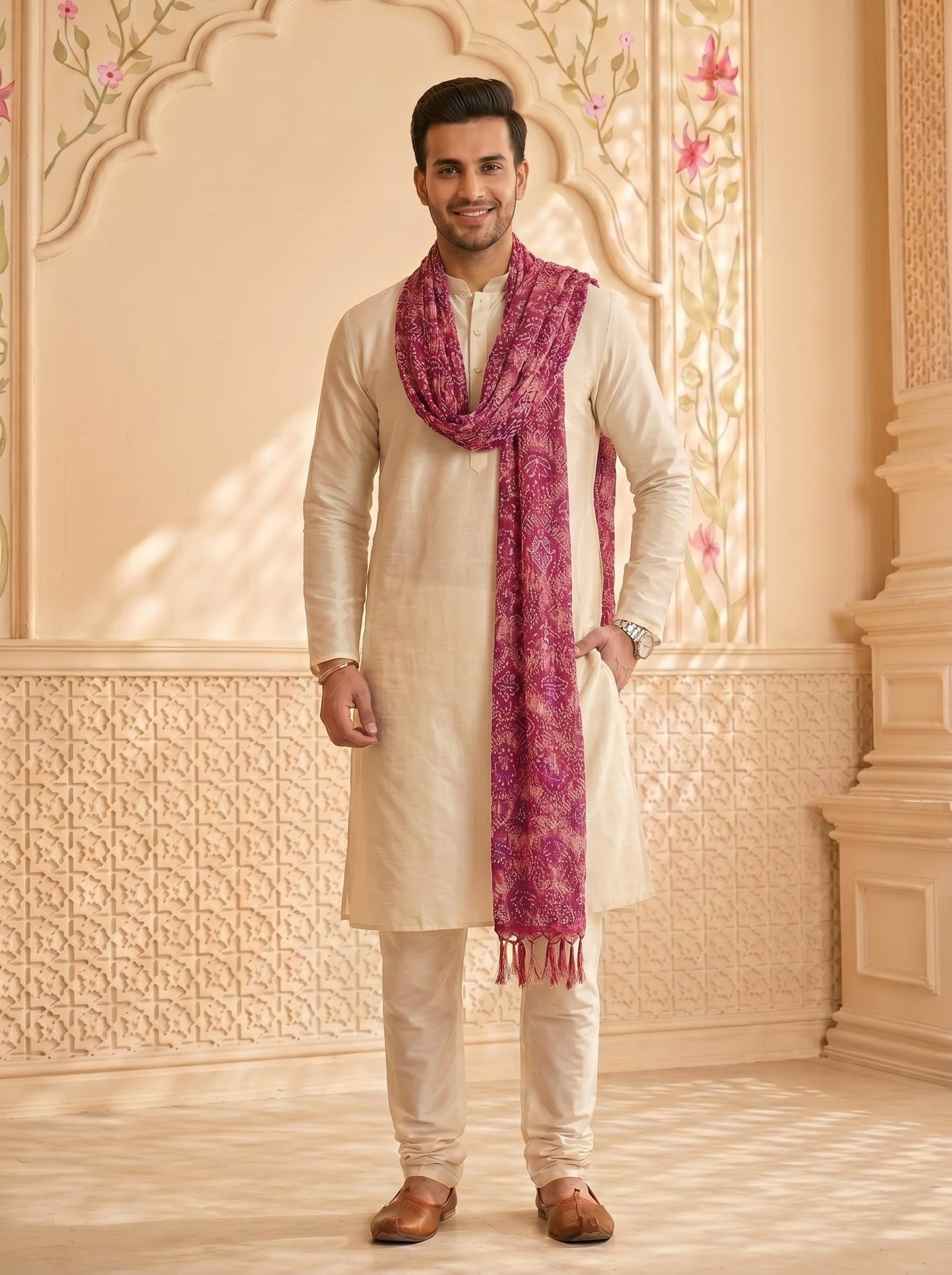 Chinnon Bandhani Dupatta for Men | Purple Pink - view 4