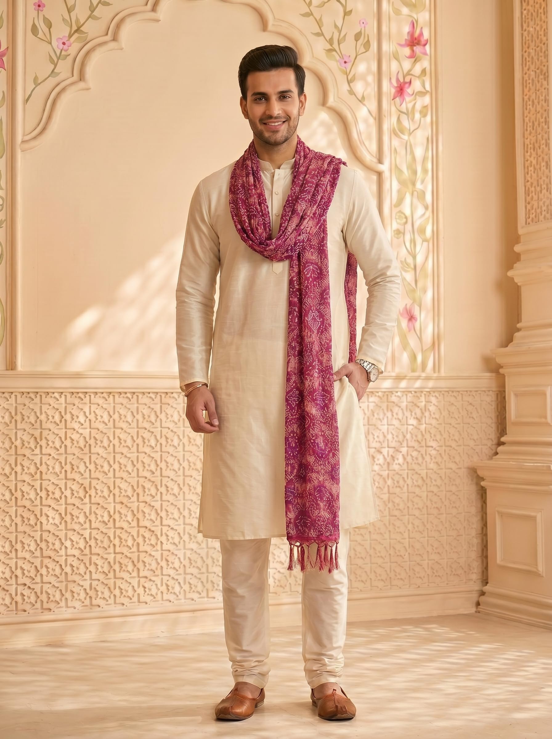 Chinnon Bandhani Dupatta for Men | Purple Pink - view 4