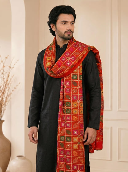 Pure Cotton Embroidered Phulkari Dupatta for Men | Red - view 4