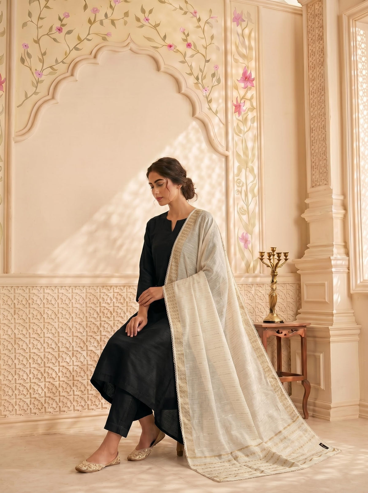 Zari Woven Chanderi Cotton Dupatta for Women | Off White - view 3