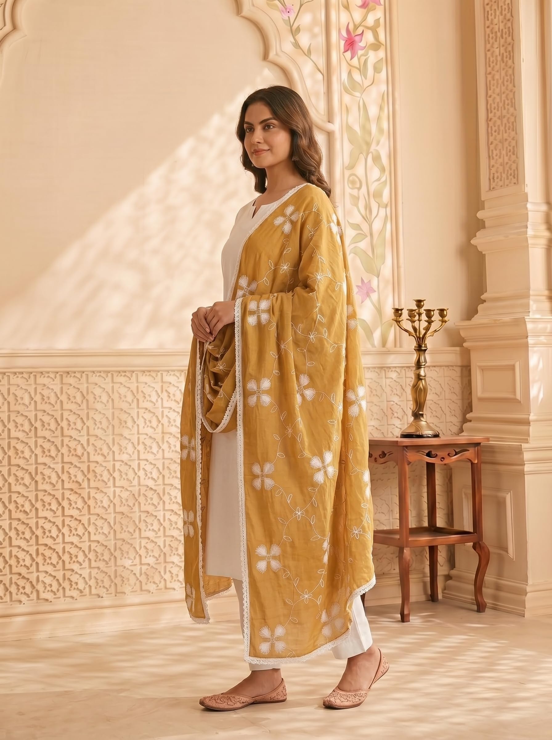 Pure Cotton Floral Embroidery Dupatta for Women | Sand Beige - view 4