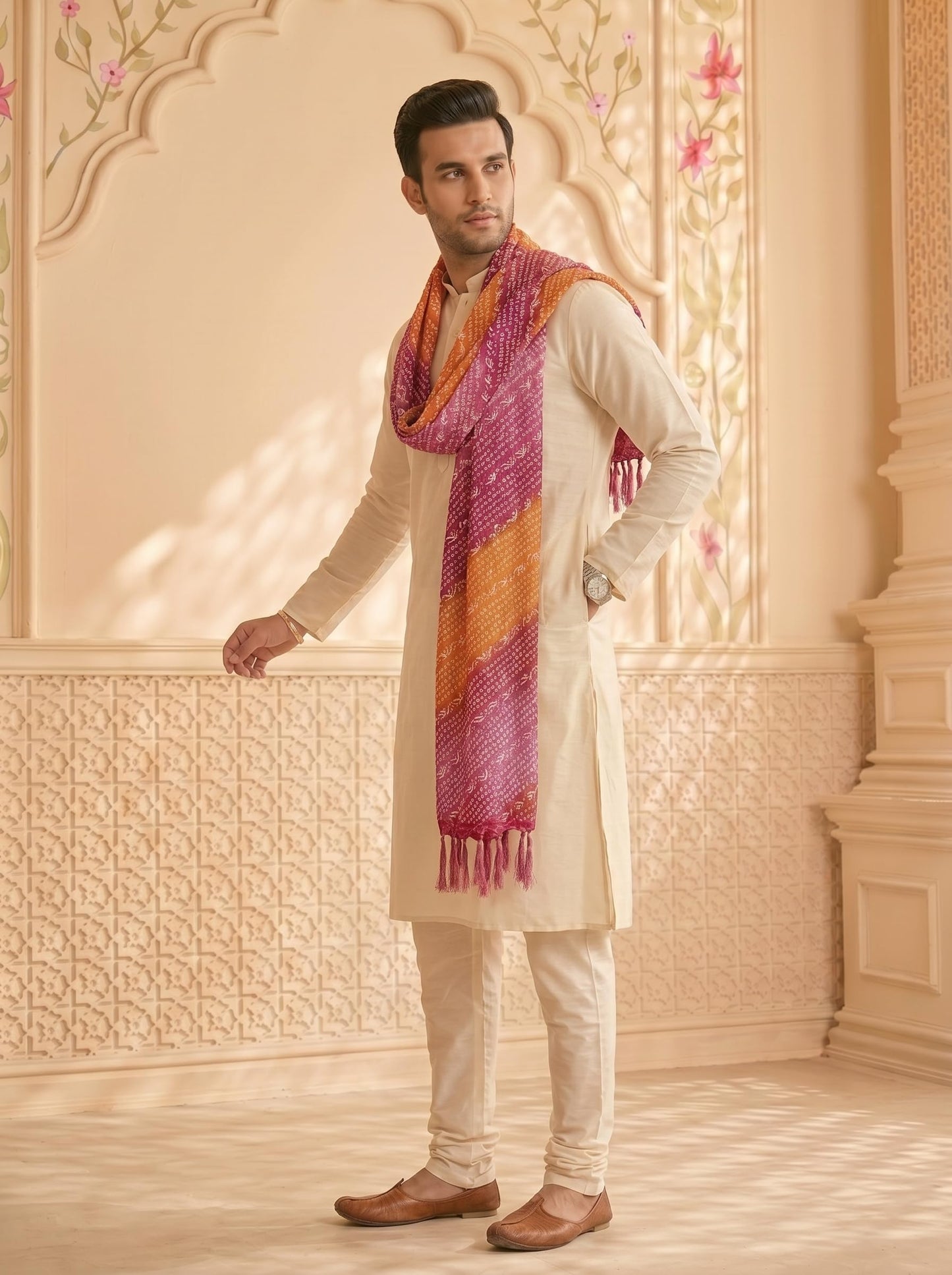 Chinnon Bandhani Dupatta for Men | Pink Orange - view 2