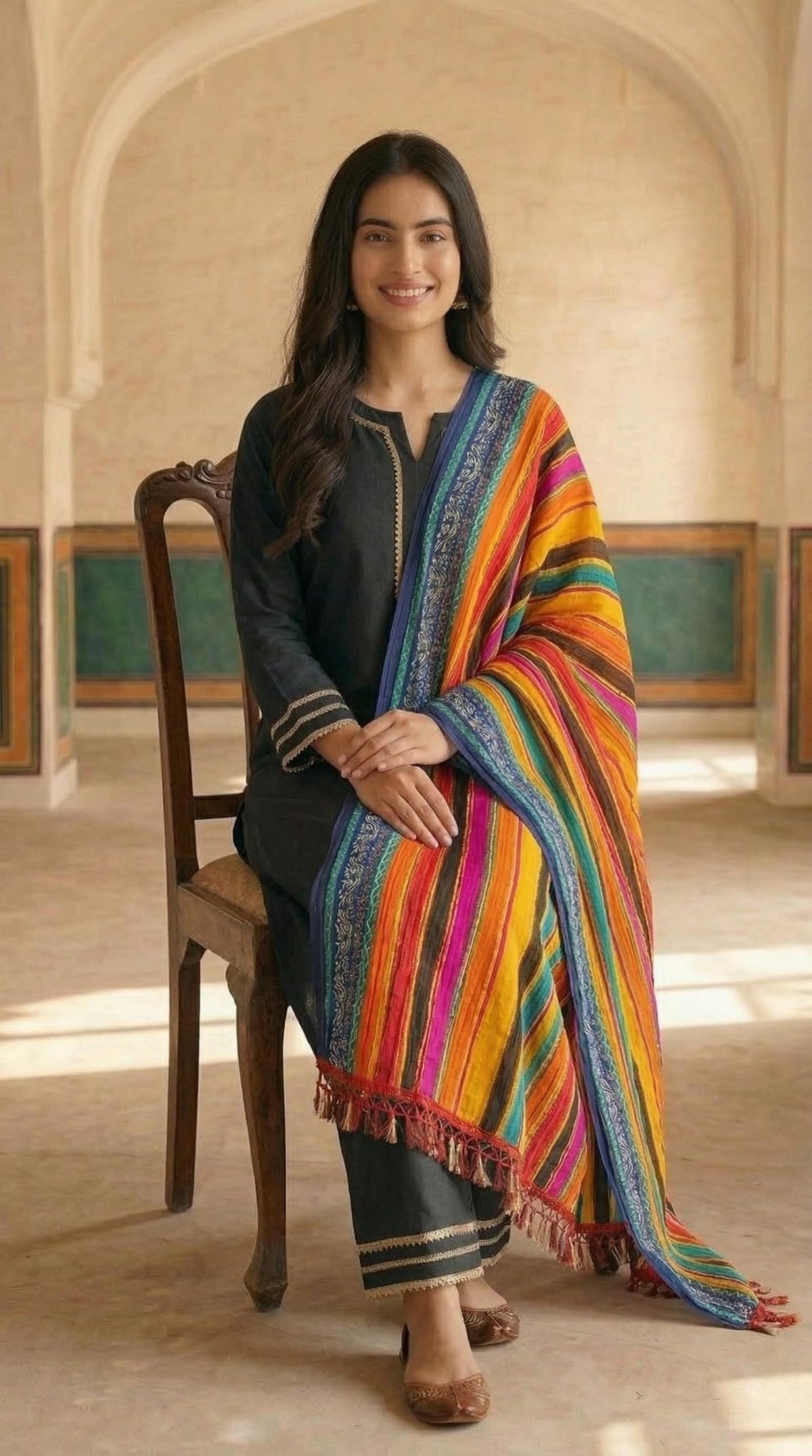 Chinnon Bandhani Dupatta for Women | Multicolor Lines - view 4
