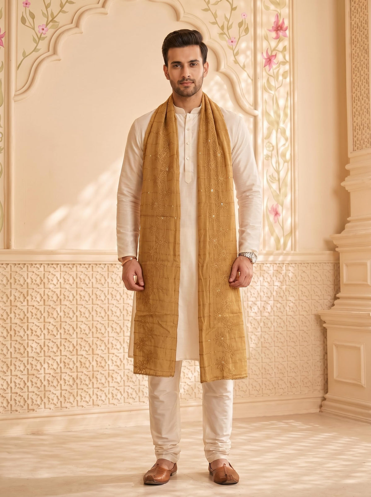 Floral Self Embroidered Chanderi Cotton Dupatta for Men | Sand Beige - view 2