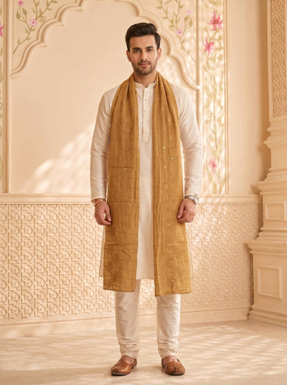 Floral Self Embroidered Chanderi Cotton Dupatta for Men | Sand Beige - view 2