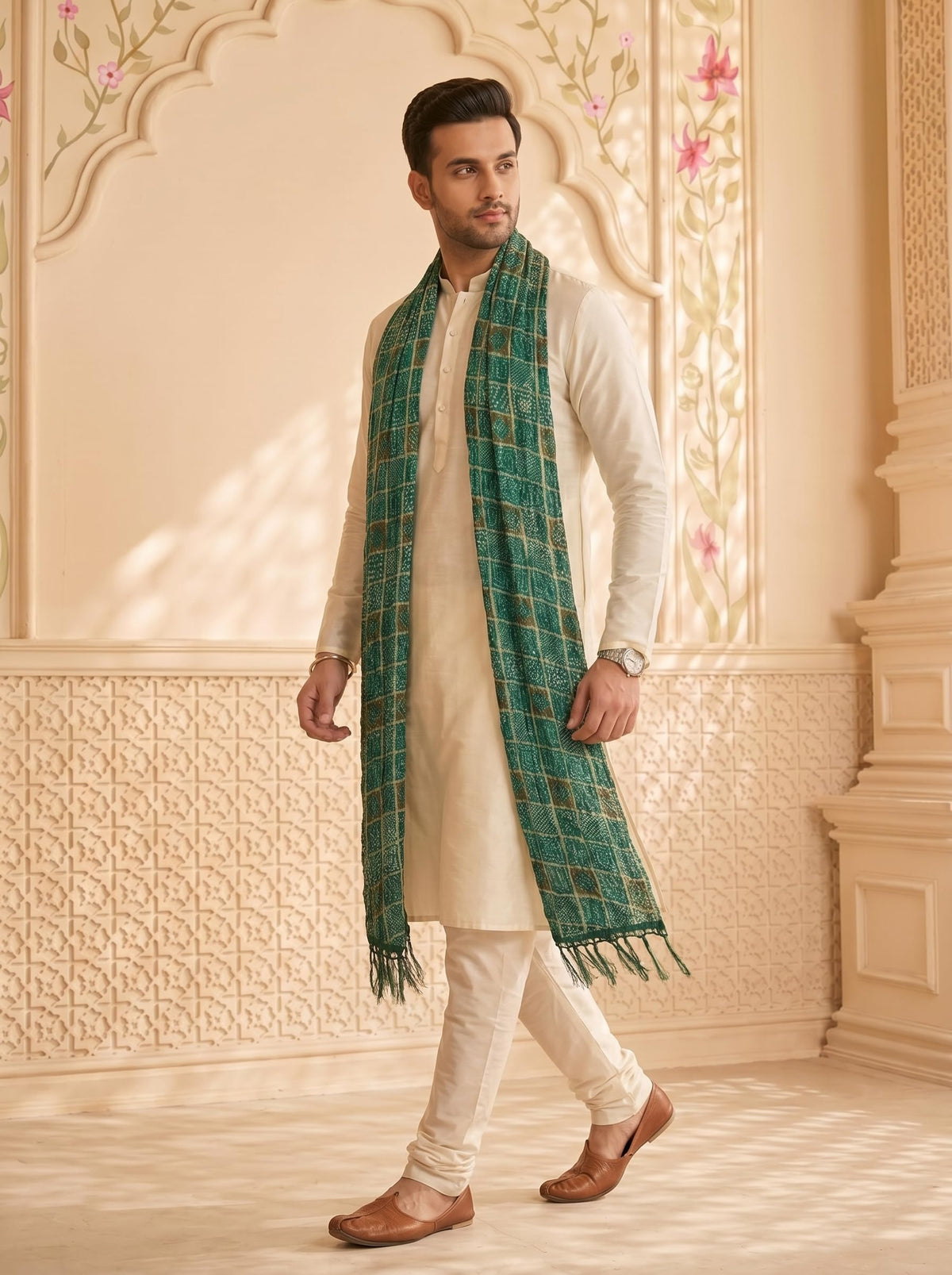Chinnon Bandhani Dupatta for Men | Green - view 2