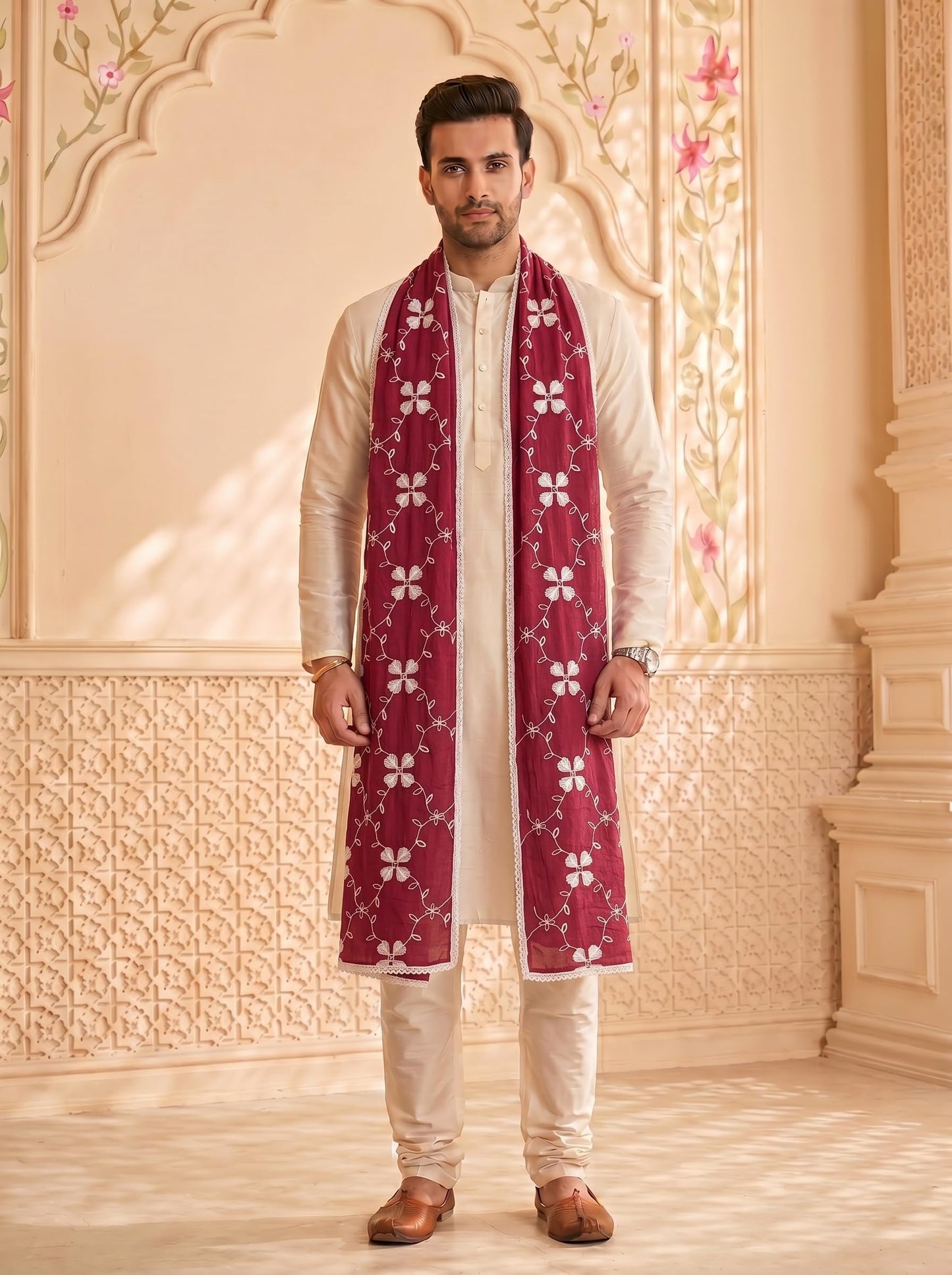 Pure Cotton Self Embroidery Dupatta for Men | Pink - view 2