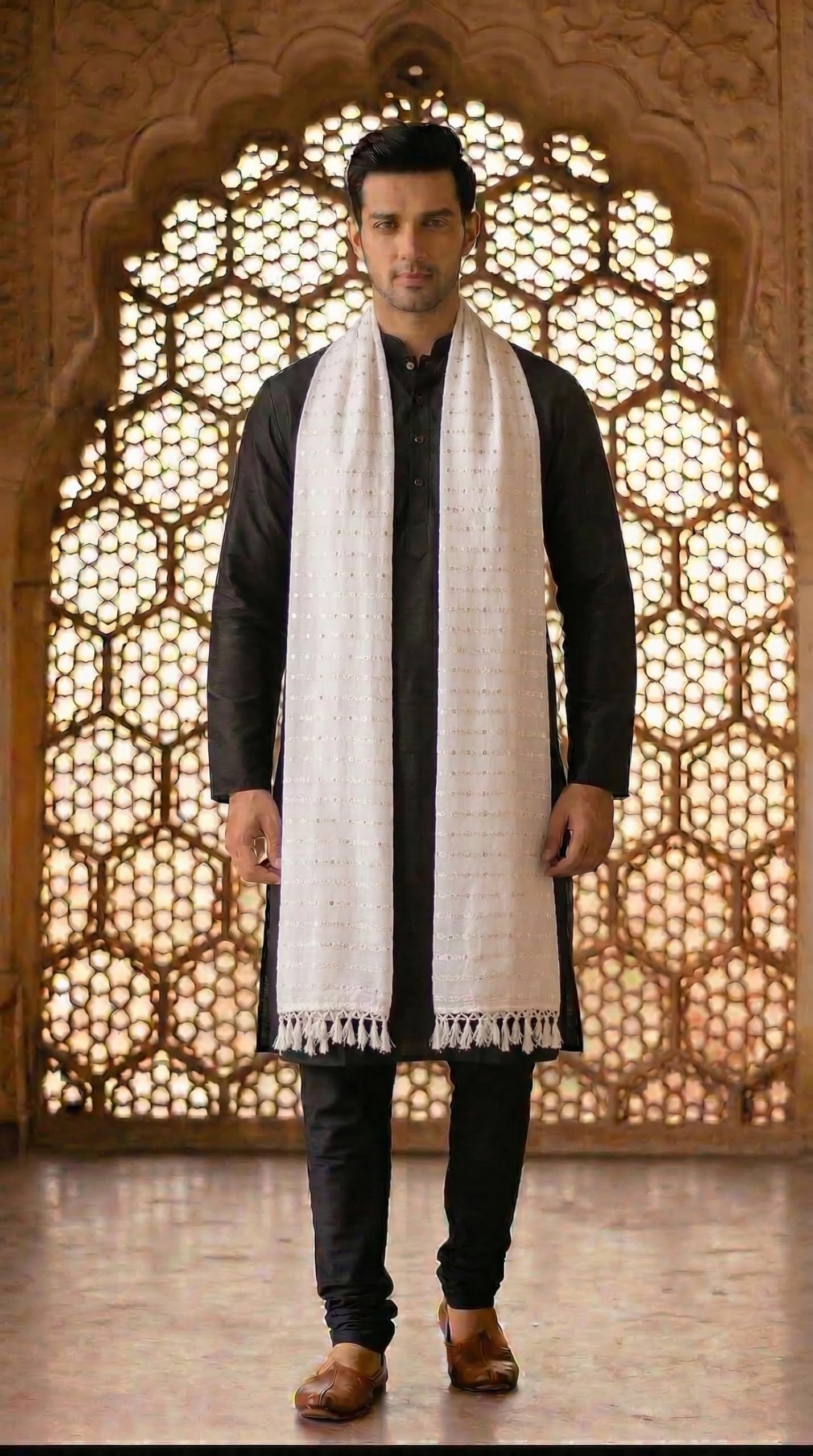 Pure Cotton Embroidered Dupatta for Men with Sequin | White