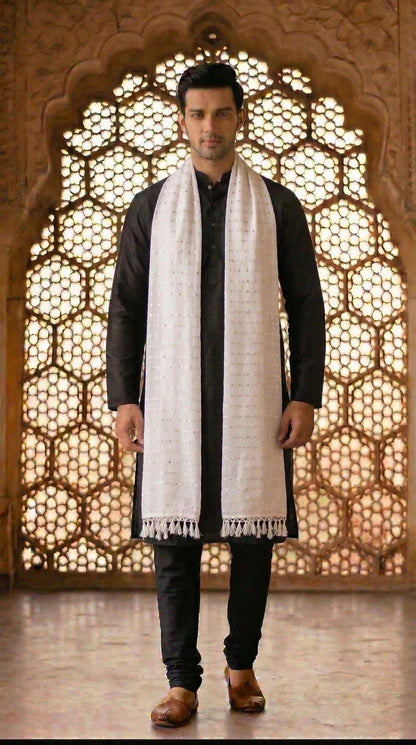 Pure Cotton Embroidered Dupatta for Men with Sequin | White