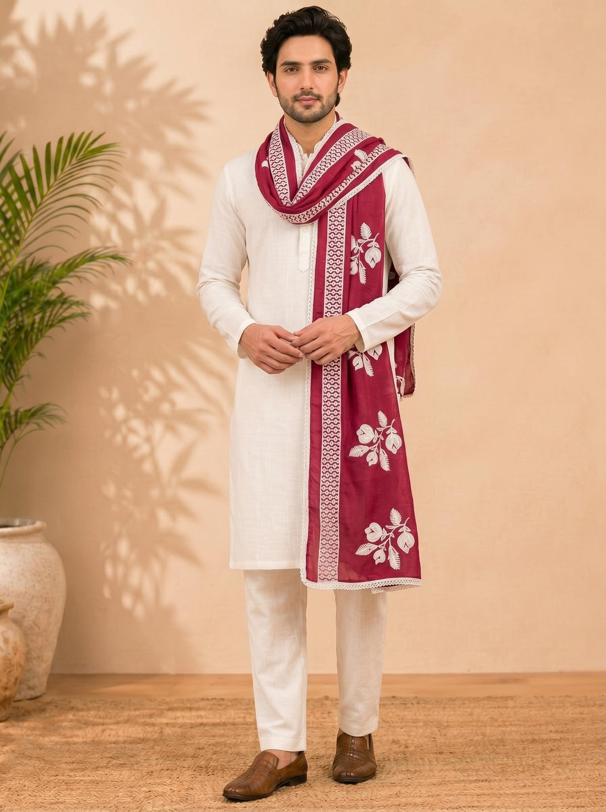 Pure Cotton Floral Embroidered Dupatta for Men | Pink