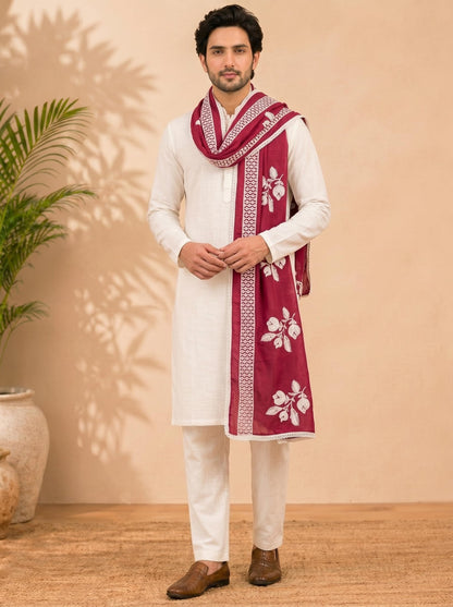 Pure Cotton Floral Embroidered Dupatta for Men | Pink