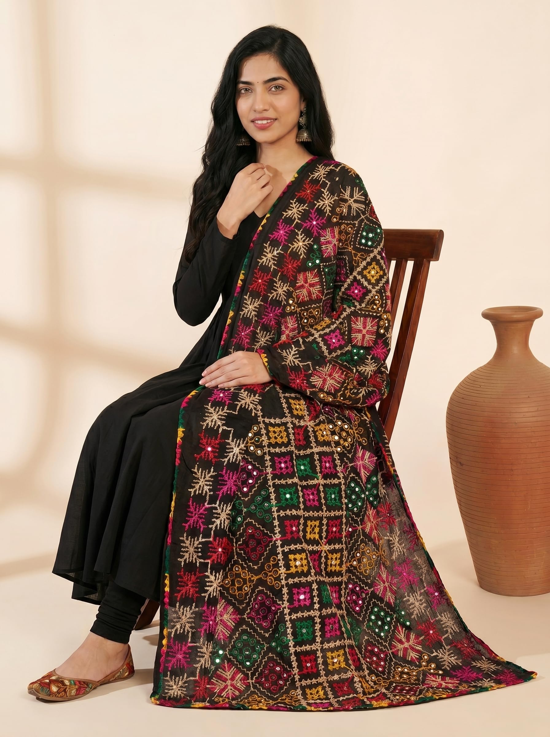 Pure Cotton Phulkari Embroidered Dupatta for Women | Black - view 6