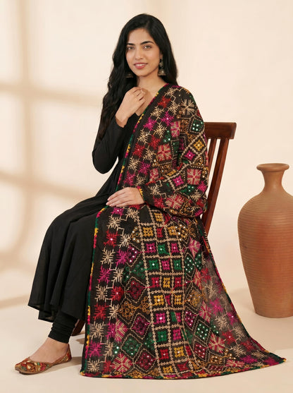 Pure Cotton Phulkari Embroidered Dupatta for Women | Black - view 6