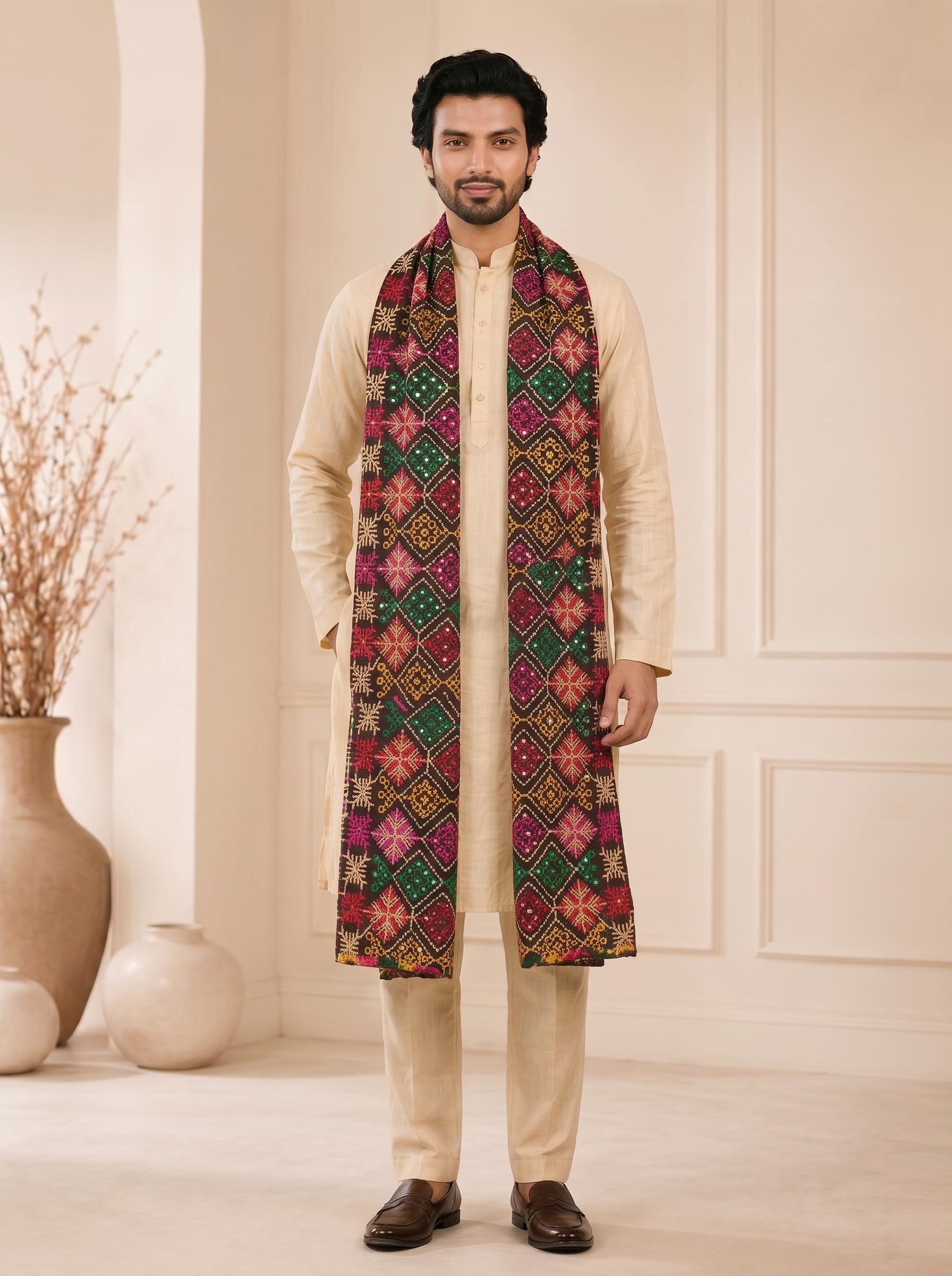 Pure Cotton Embroidered Phulkari Dupatta for Men | Black - view 2