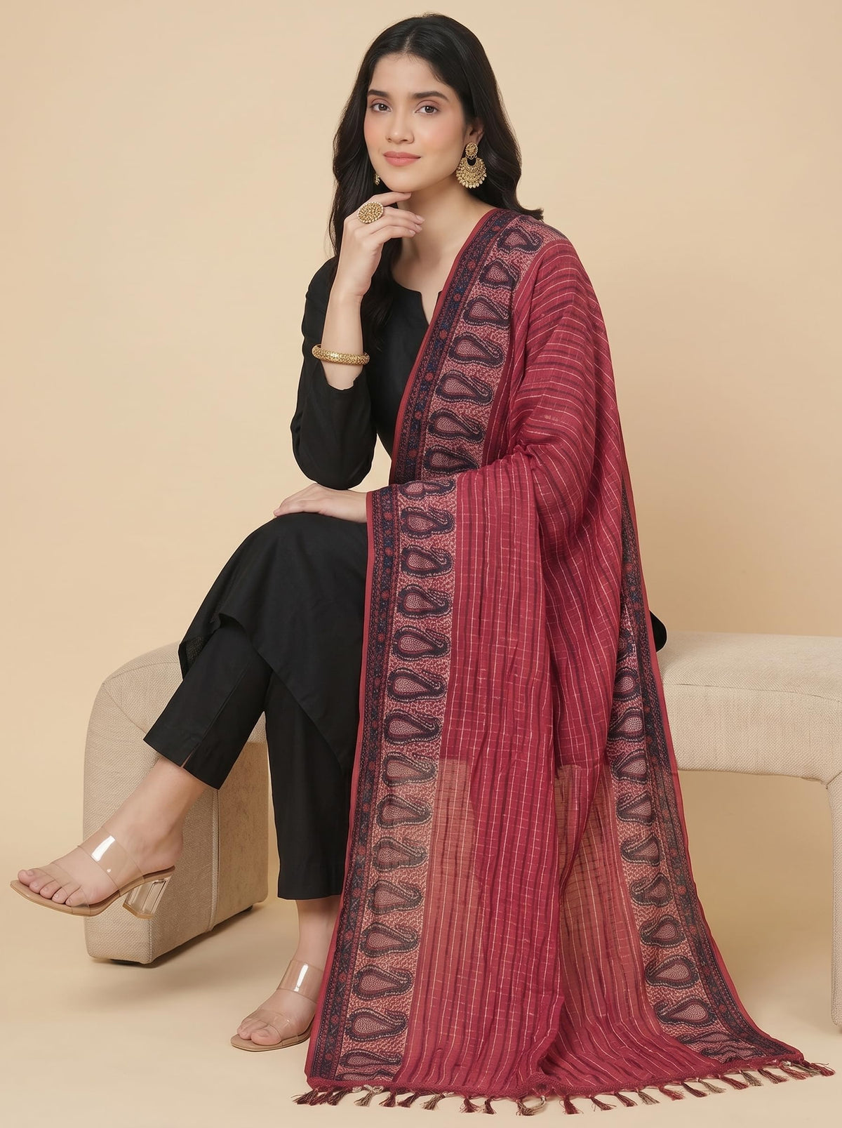 Printed Bandhani Dupatta for Women | Maroon - view 5